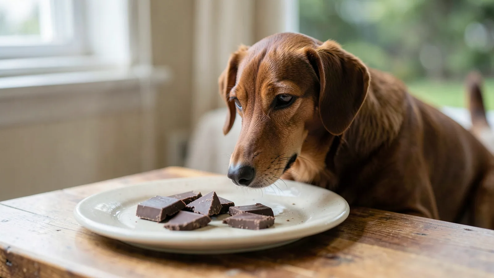A dachshund resting its chin on a coffee table, eyeing broken squares of dark chocolate on a plate.