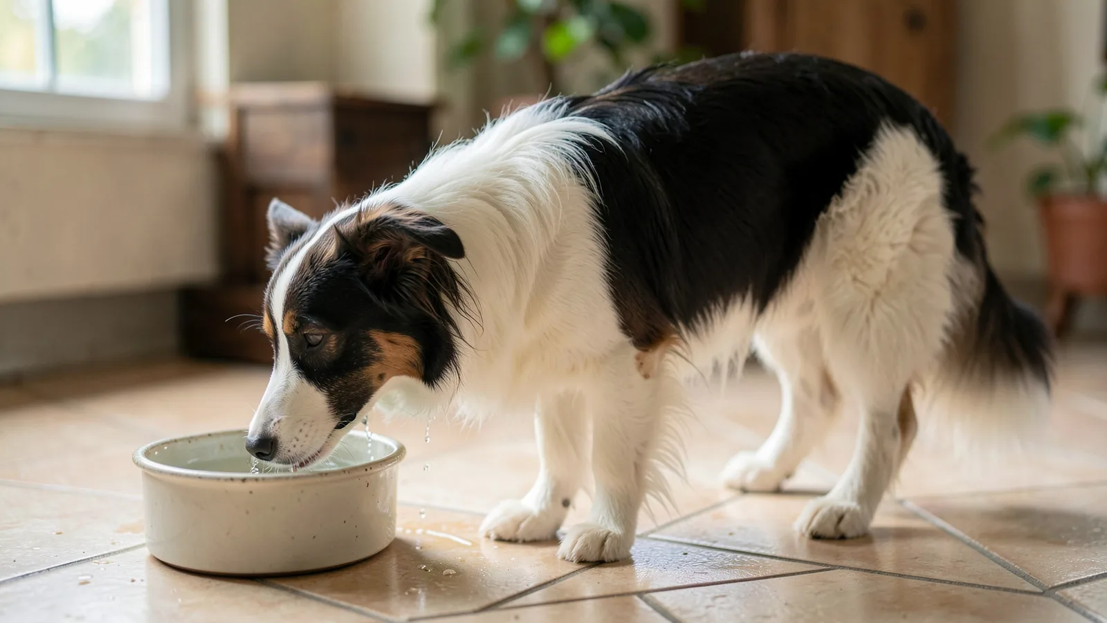 A border collie drinking from a ceramic water bowl on a tiled floor.