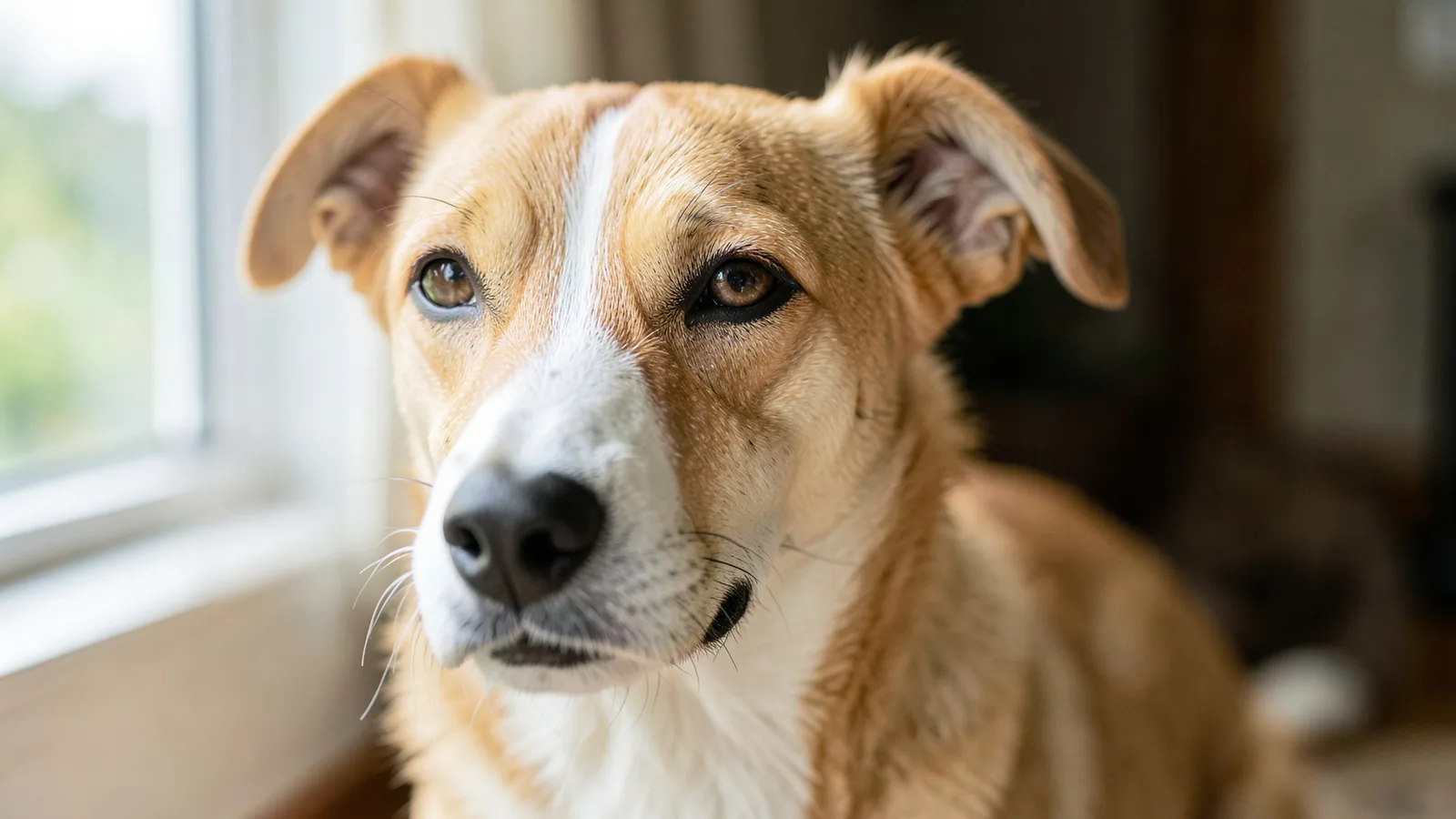A close-up of a mixed-breed dog’s face in soft window light, focused on its eyes.