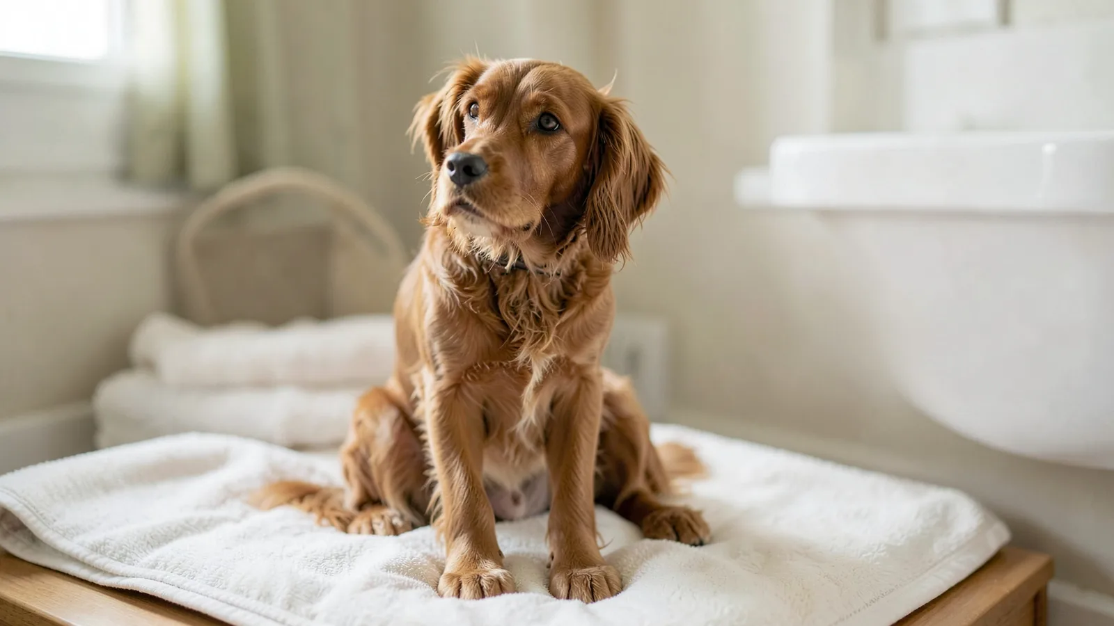 A cocker spaniel with long floppy ears sitting on a bath mat, one ear flap slightly lifted.