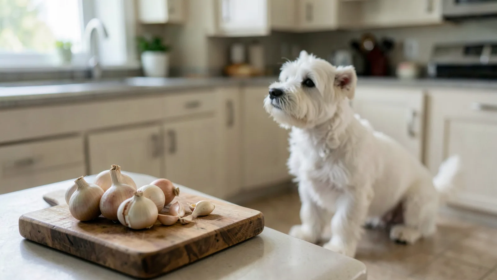 Garlic bulbs and cloves on a wooden chopping board, with a small white terrier sitting on the kitchen floor behind.