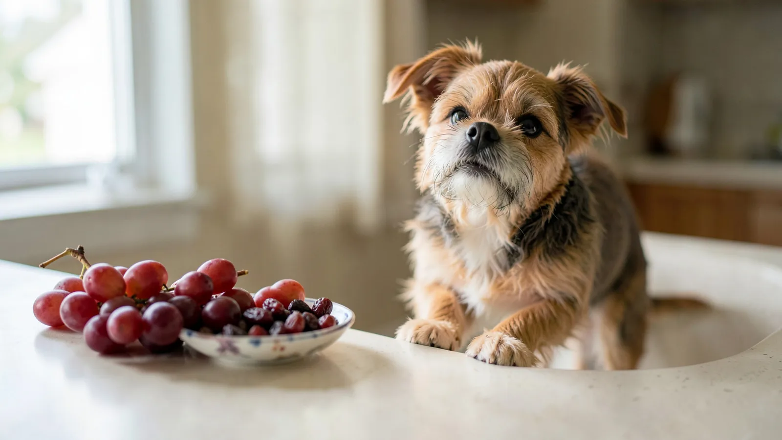 A bunch of red grapes and a bowl of raisins on a kitchen counter, with a terrier peeking over the edge.