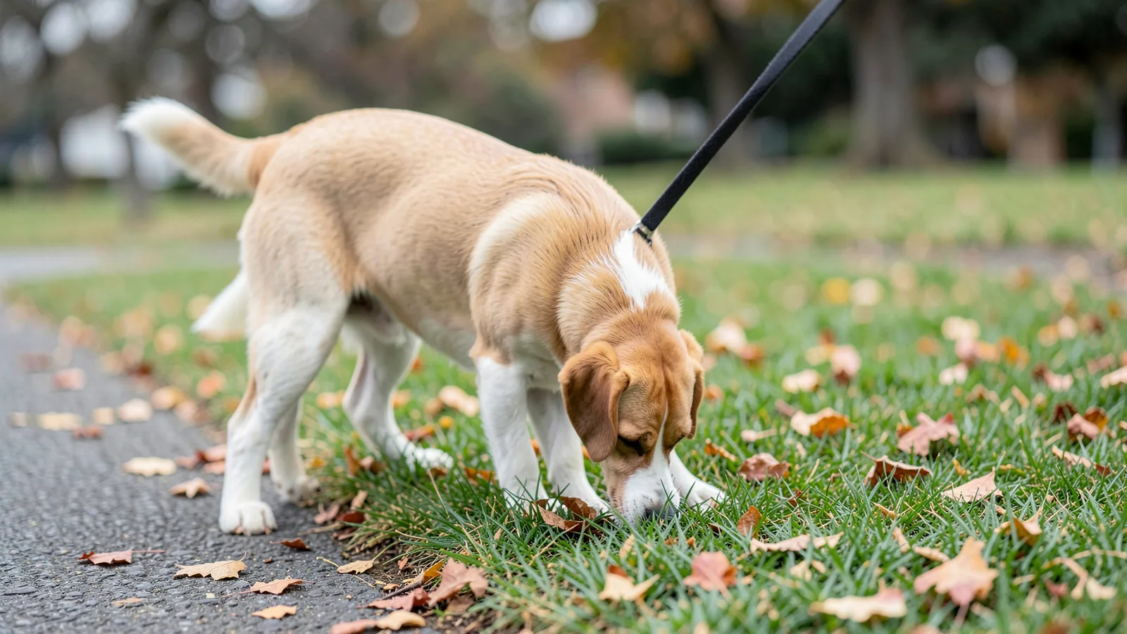 A beagle on a leash sniffing the grass at the edge of a park path on an overcast day.