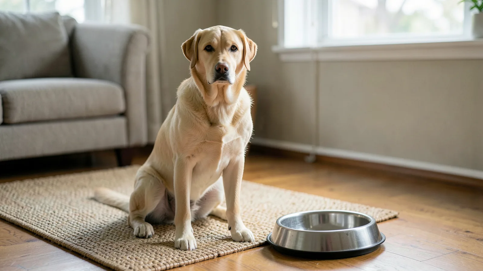 A yellow Labrador sitting on a rug in early morning light beside an empty food bowl.