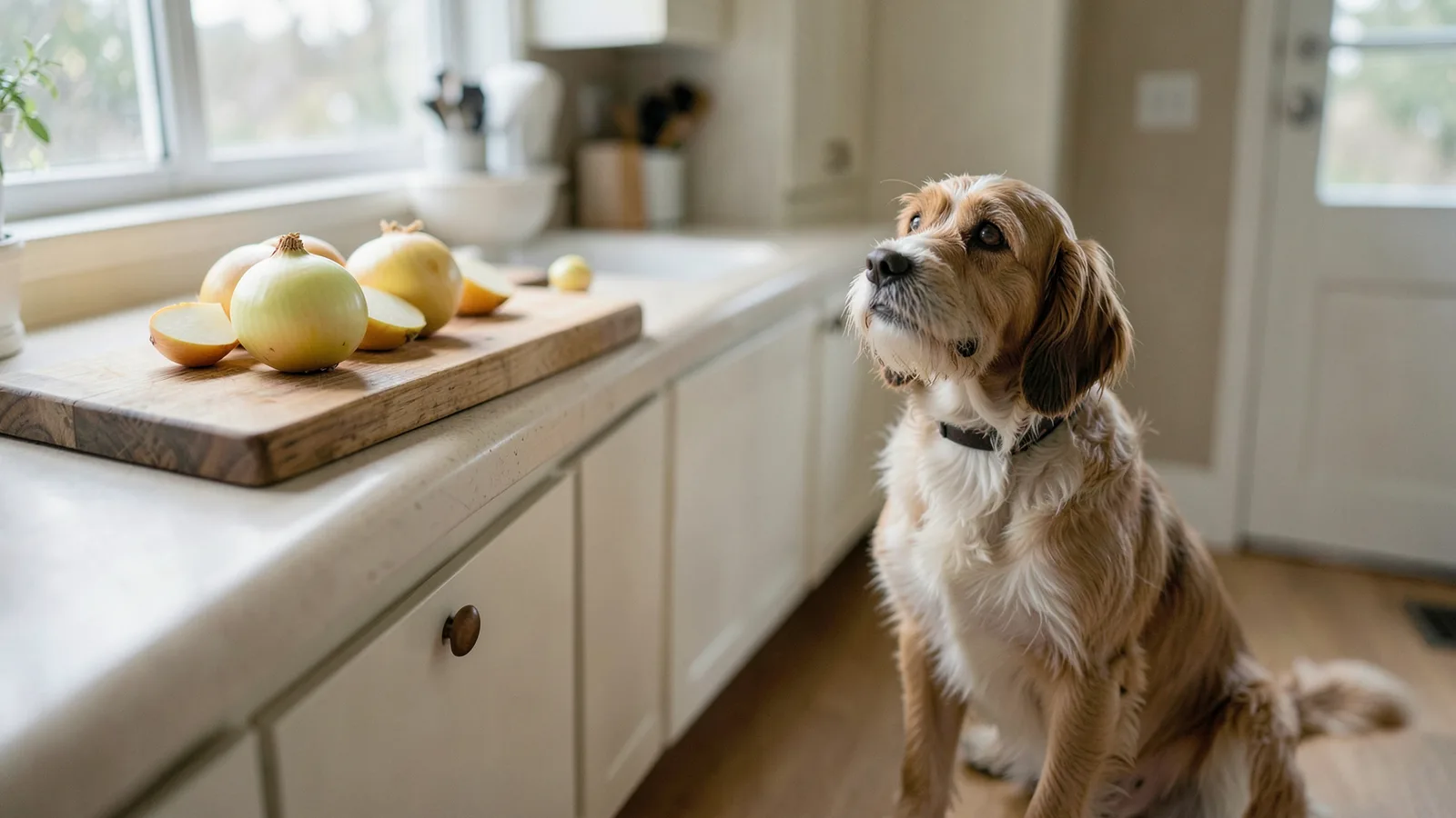 Halved yellow onions on a chopping board, with a spaniel sitting on the floor below looking up.