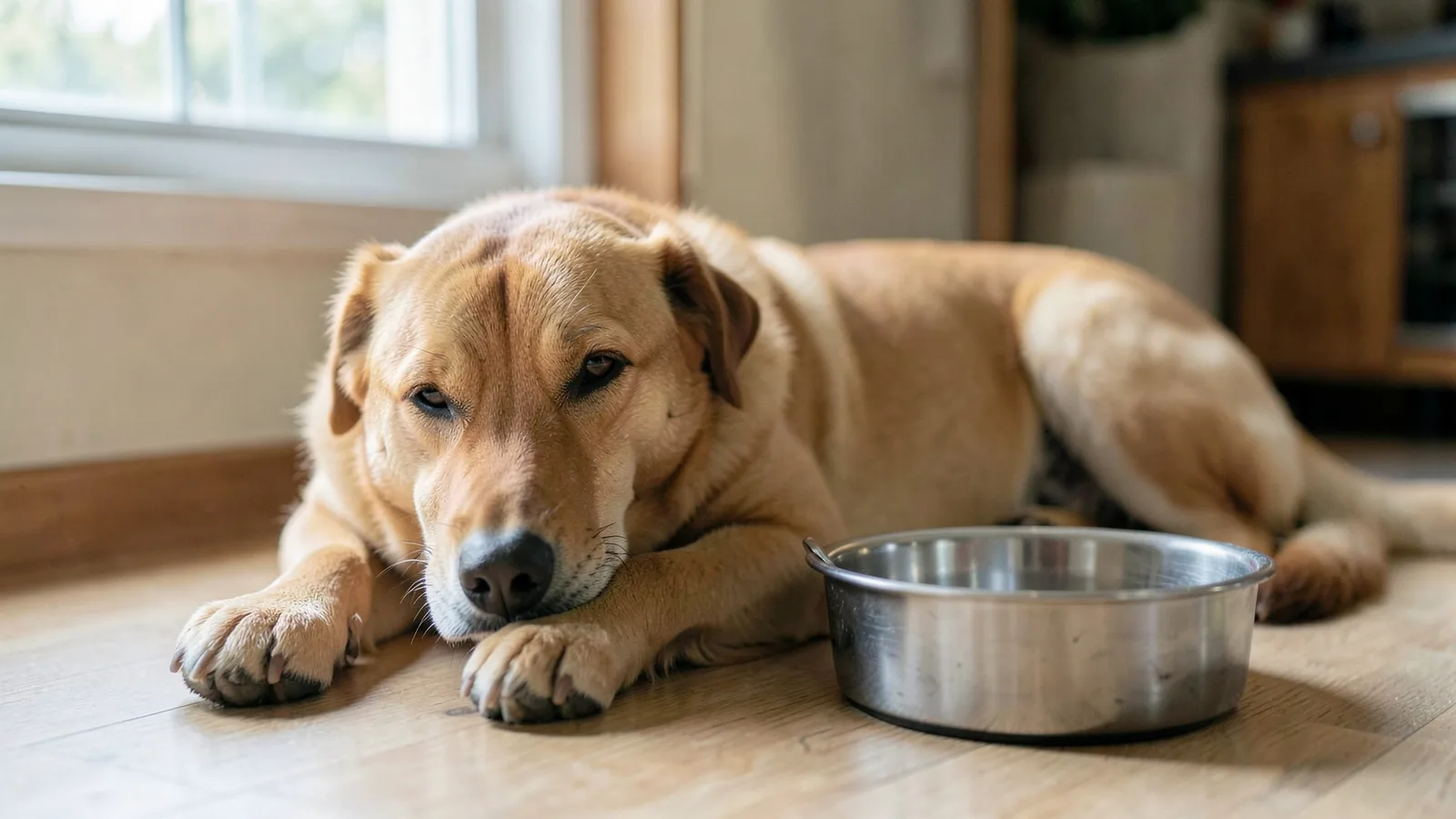 A tan mixed-breed dog lying quietly on a kitchen floor beside its water bowl, chin on its paws.