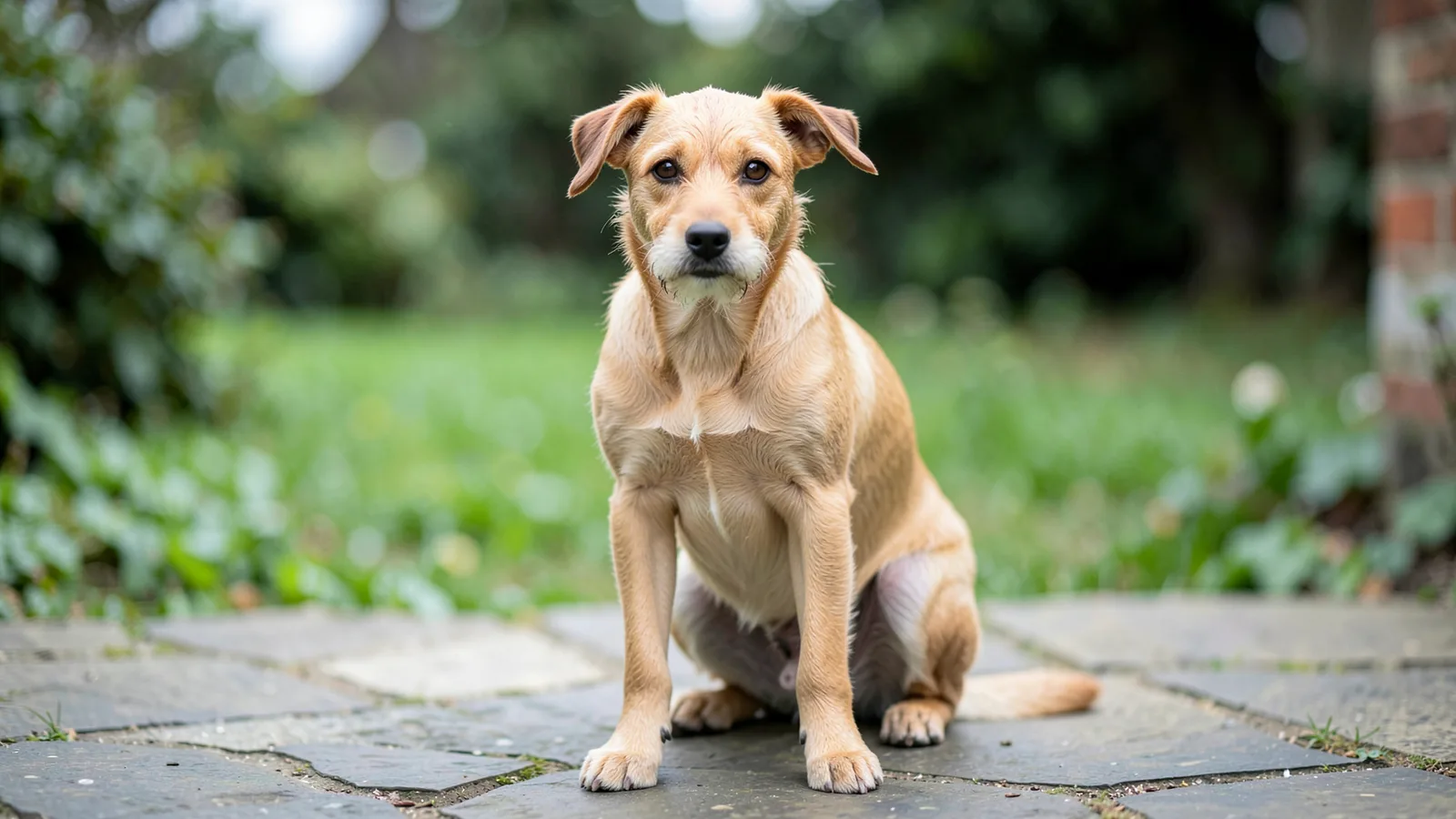 A short-haired tan terrier sitting on a patio scratching behind its ear with a hind leg.