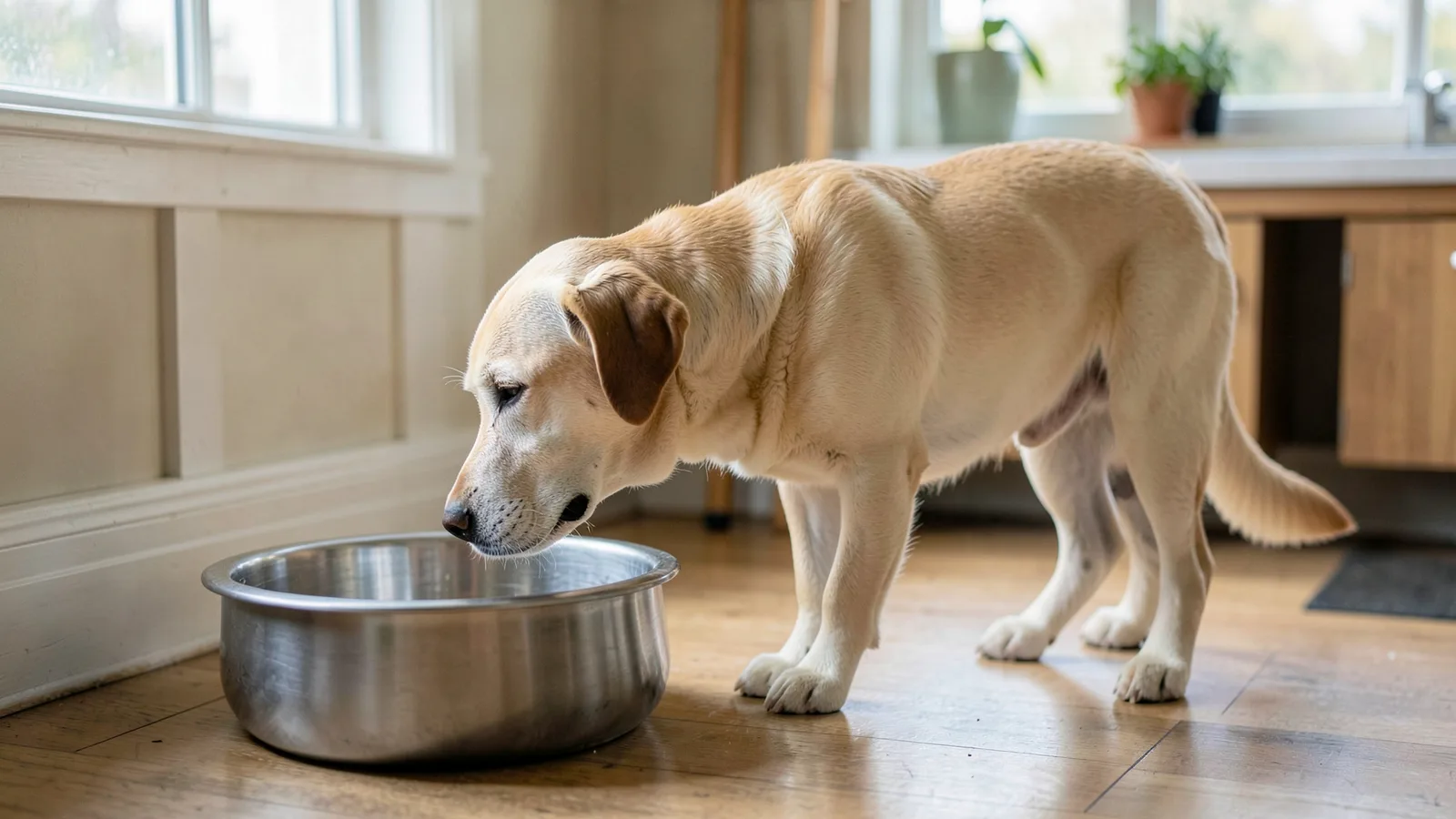 An older labrador with a greying muzzle drinking from a large steel water bowl.