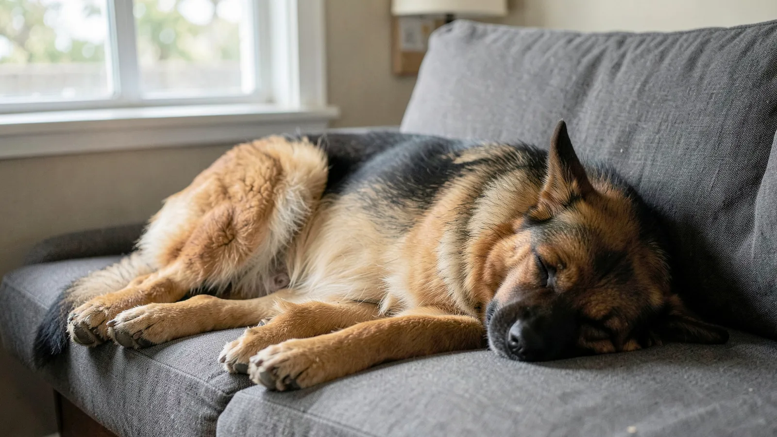 A German shepherd asleep on its side on a sofa, its chest visible in profile.