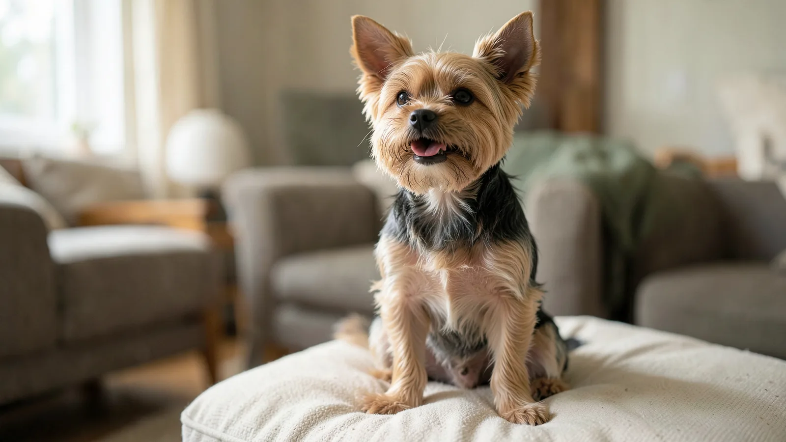 A Yorkshire terrier sitting upright on a cushion with its neck stretched slightly forward.