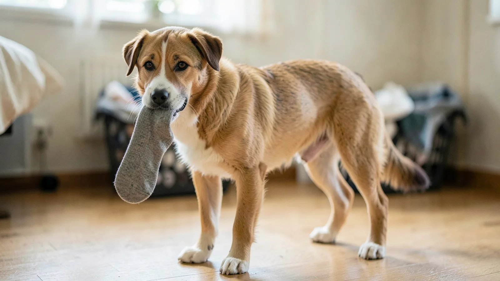 A young mixed-breed dog standing on a bedroom floor with a plain grey sock in its mouth.