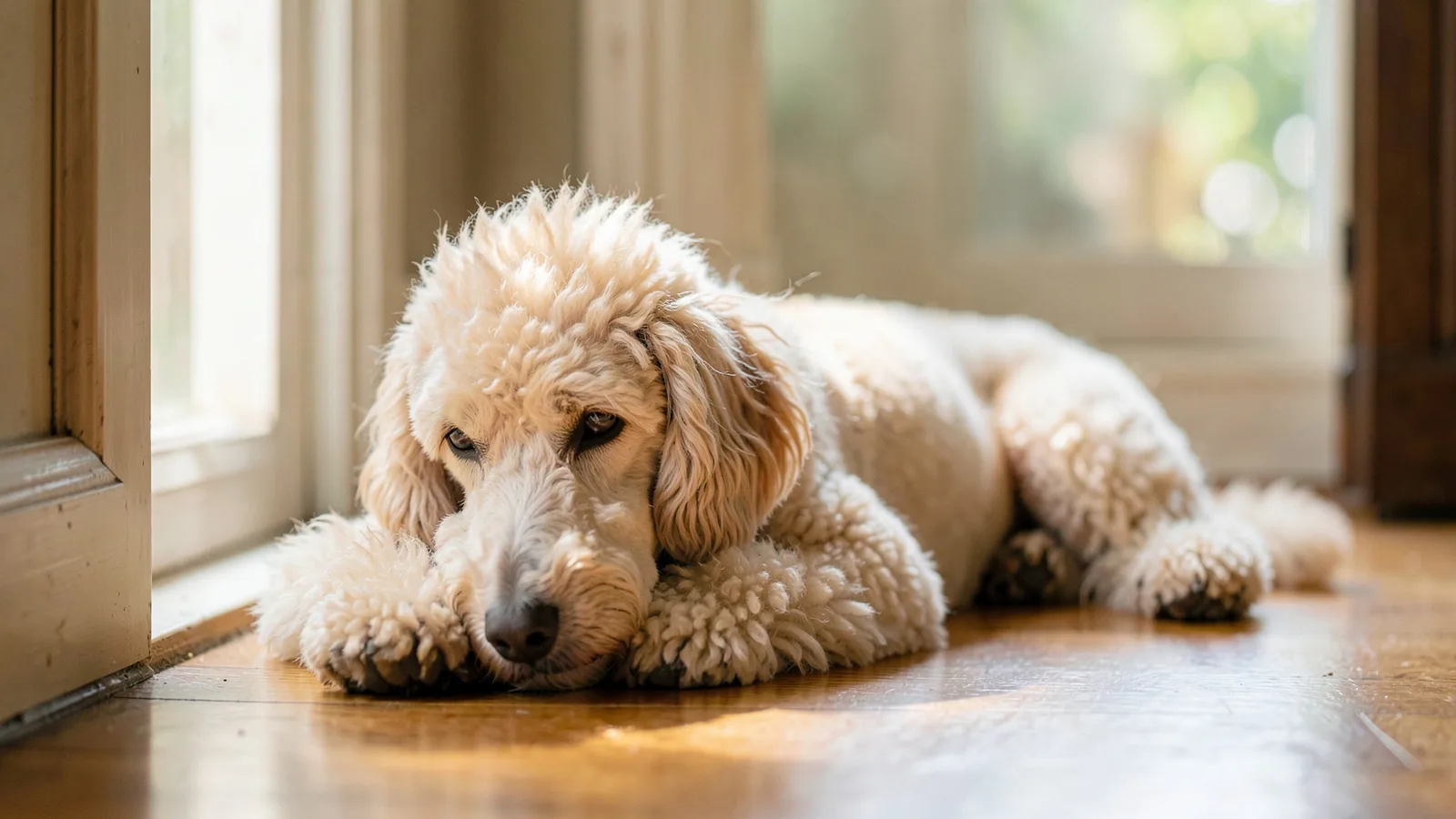 A standard poodle lying in a sunlit doorway with its chin flat on the floor, looking subdued.