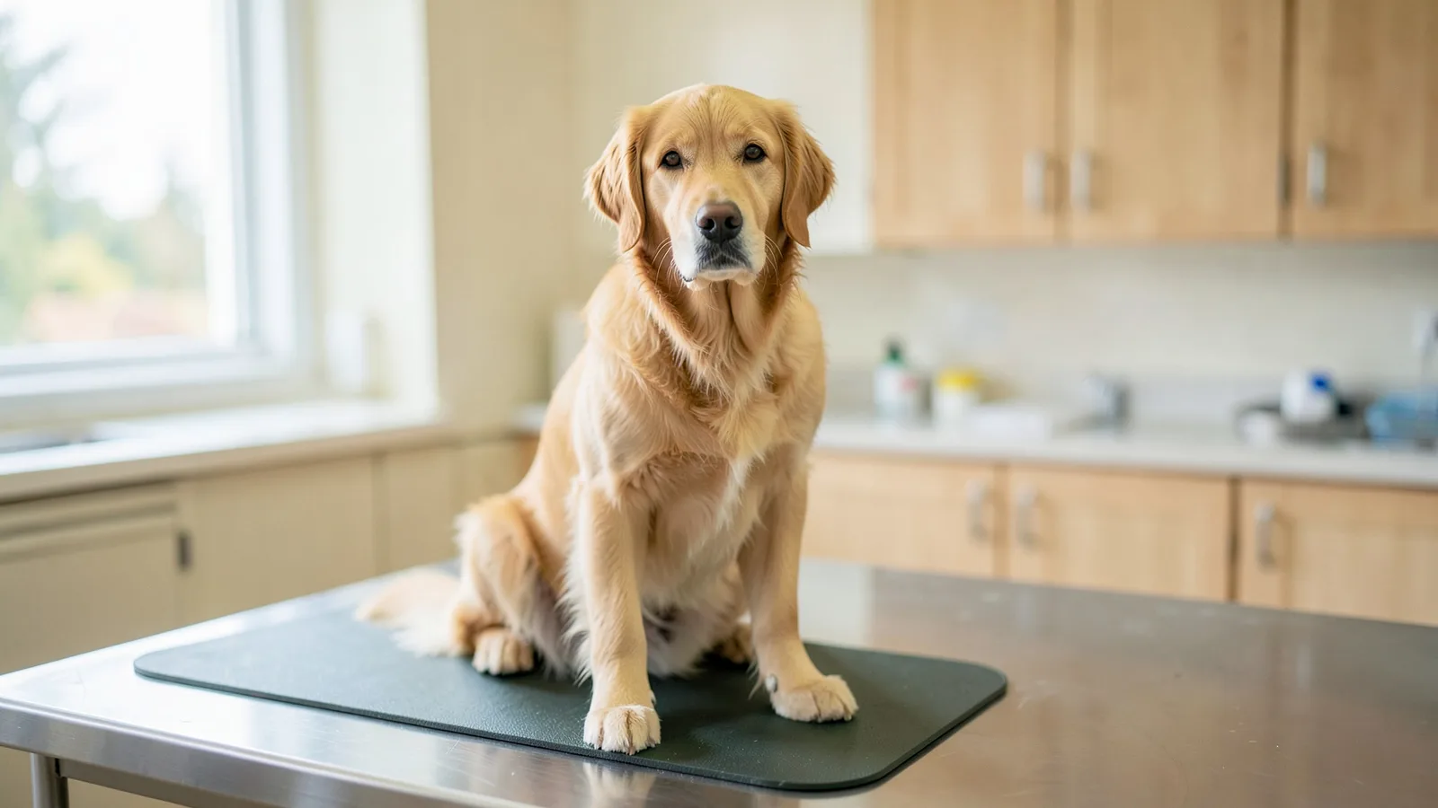 A golden retriever sitting calmly on an examination table in a bright veterinary clinic room.