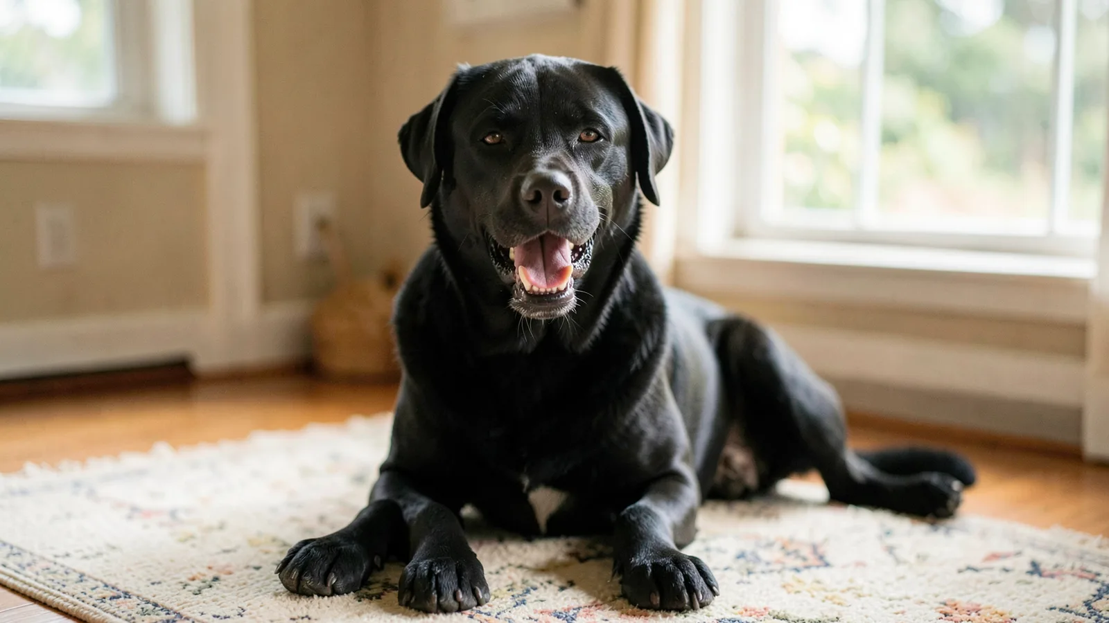A black labrador mid-yawn on a rug, mouth open showing clean teeth and pink gums.