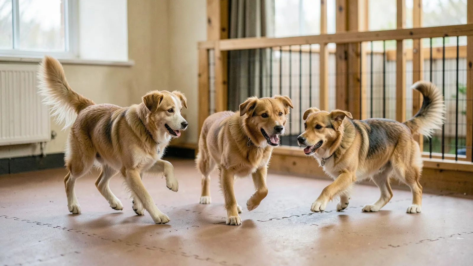 Three dogs of different breeds playing together in an indoor dog daycare room.