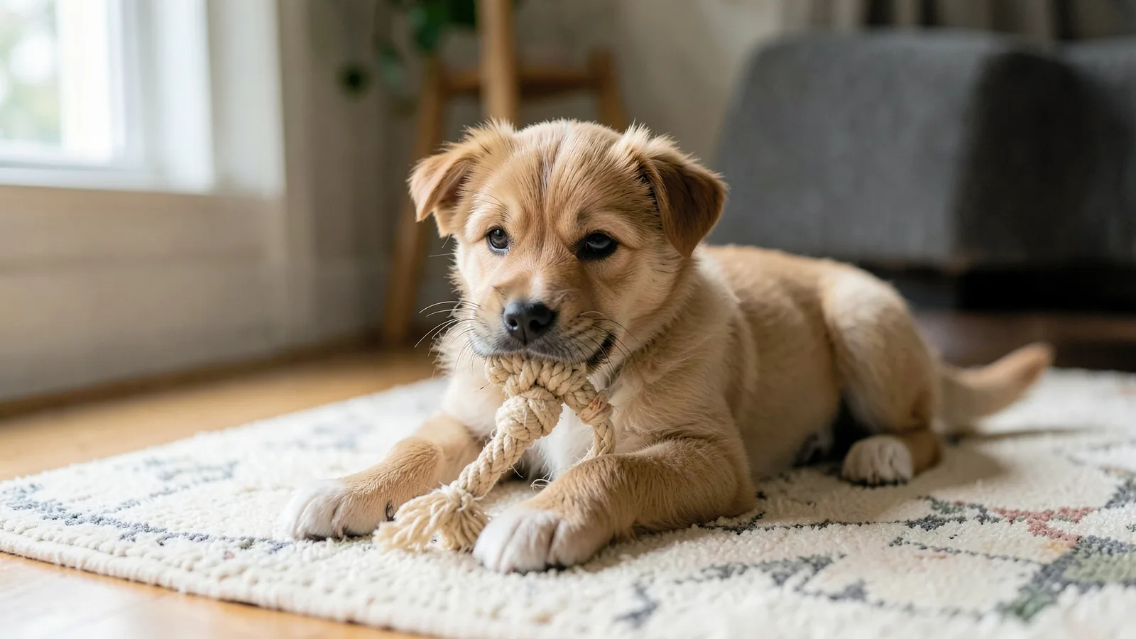 A small puppy lying on a rug gripping a knotted rope toy in its mouth.