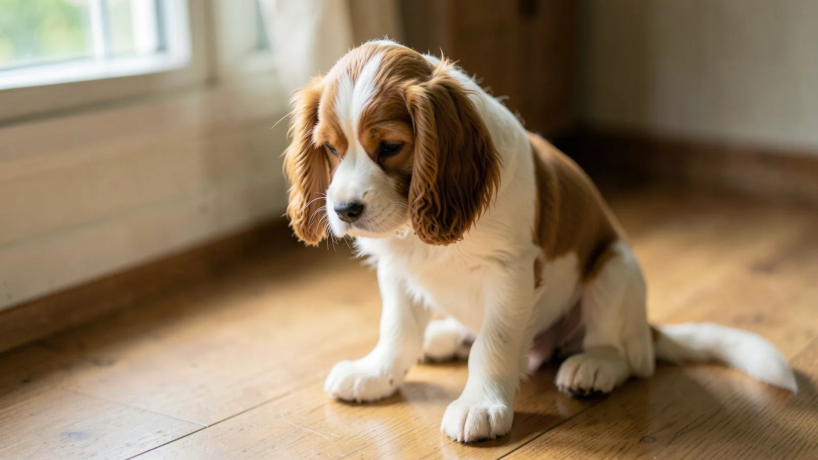 A spaniel puppy sitting on a wooden floor with long floppy ears either side of its face.