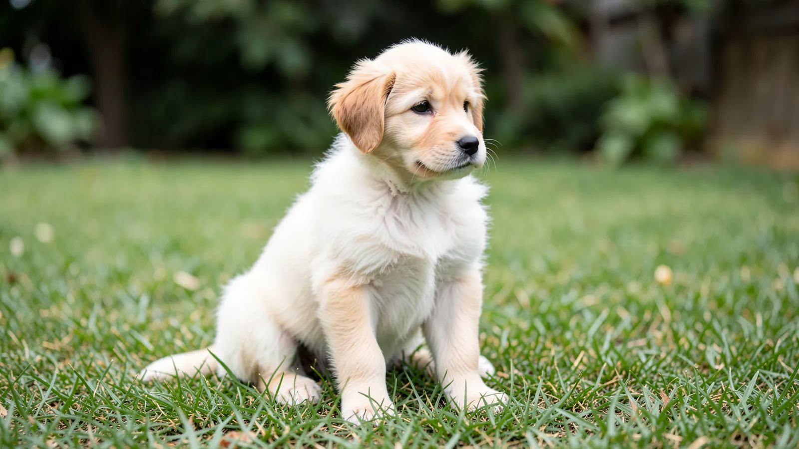 A fluffy puppy sitting on short garden grass, looking slightly away from the camera.